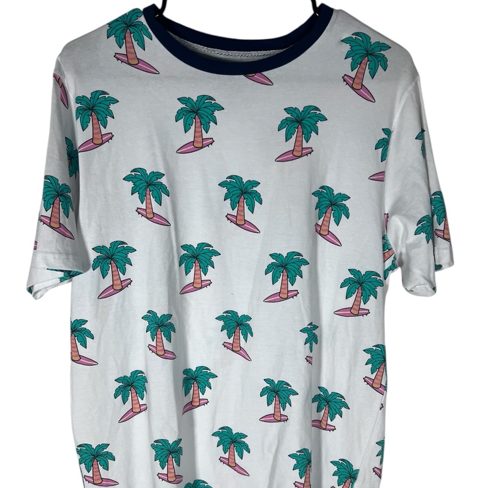 Free Planet Mens Palm Trees On Surfboard Short Sleeve Shirt Size M